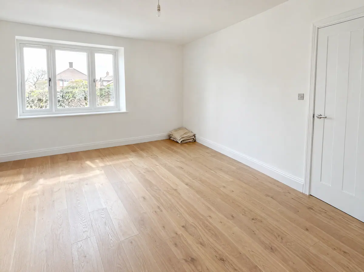 Newly renovated empty room with fresh walls and dust-free oak floor