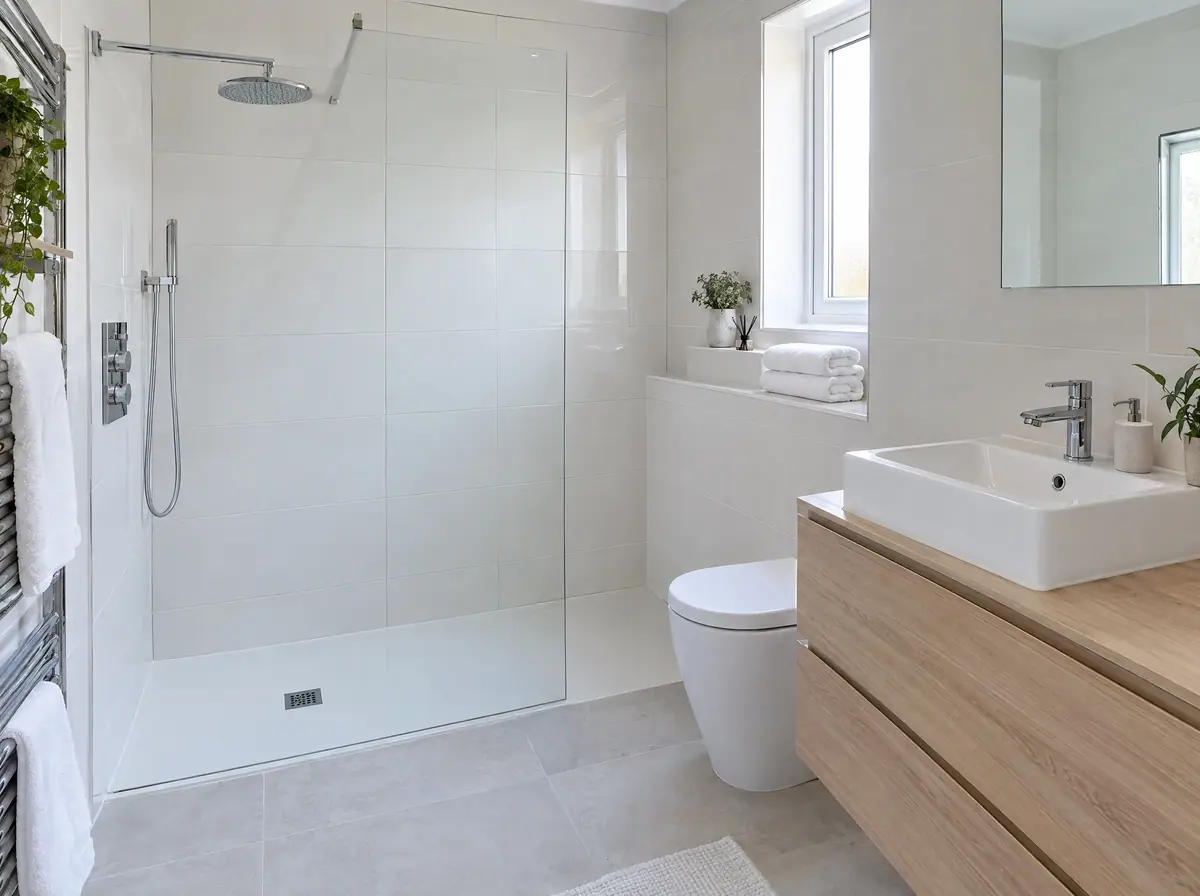 Sparkling clean modern bathroom with glass shower screen and chrome fittings