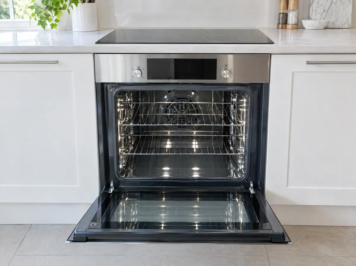 Spotless built-in oven with gleaming racks and clean glass door