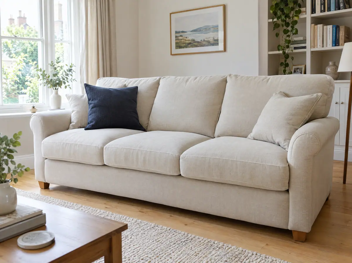 Freshly cleaned oatmeal fabric sofa in a bright living room